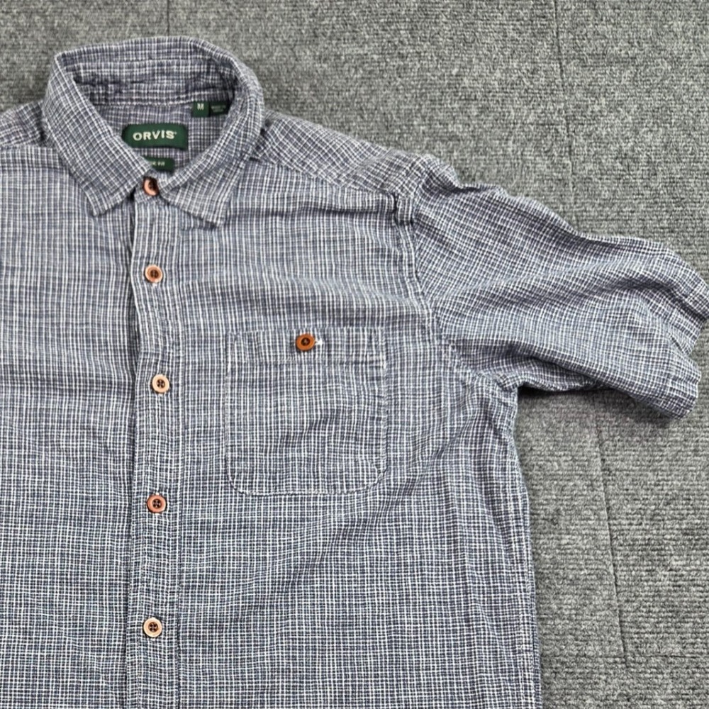 Orvis Mens Hemp Lyocell Blend Short Sleeve Button Down Shirt Blue Check Medium